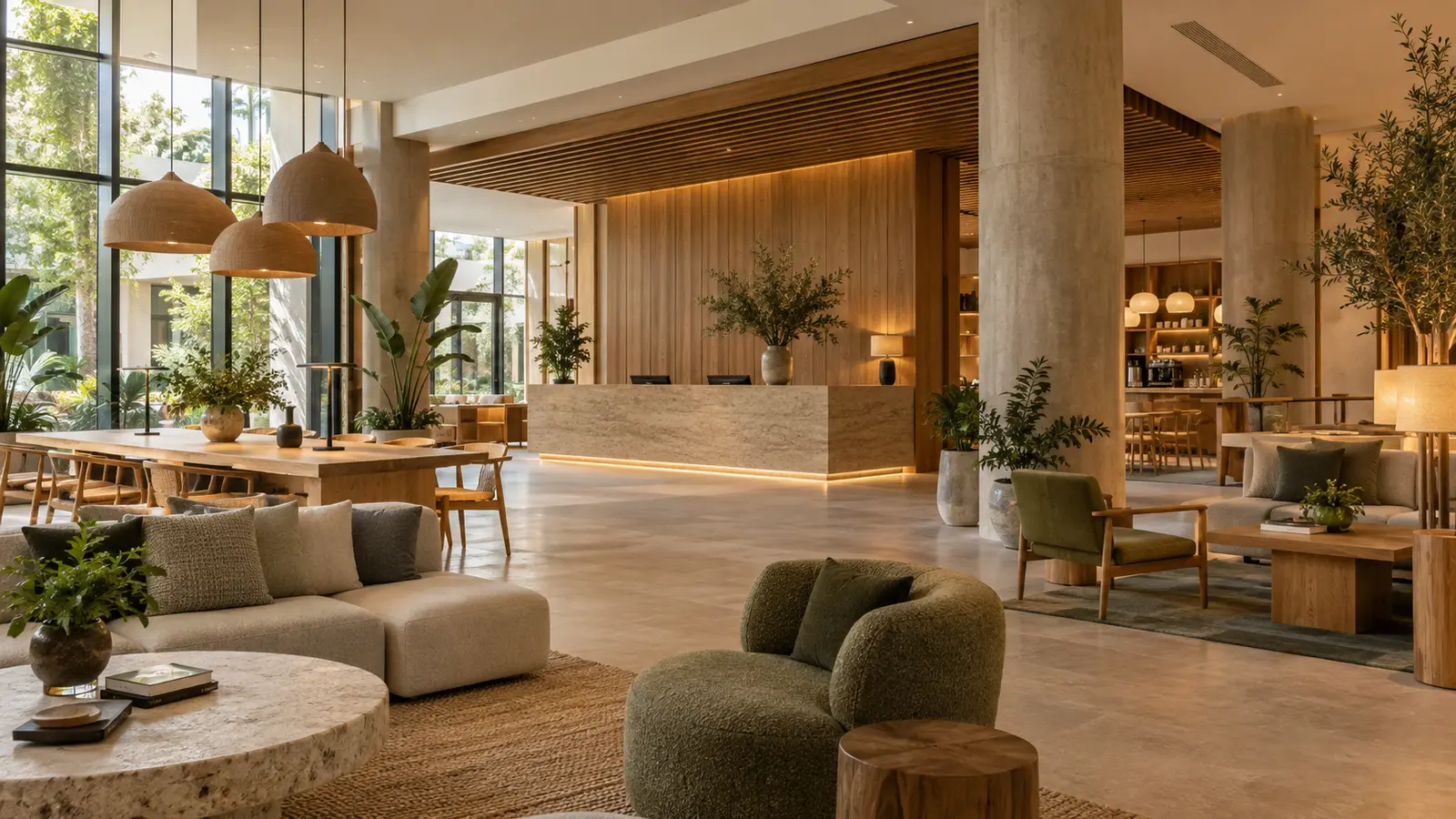 Lobby de hotel con recepción, zonas de estar, mesa compartida y cafetería
