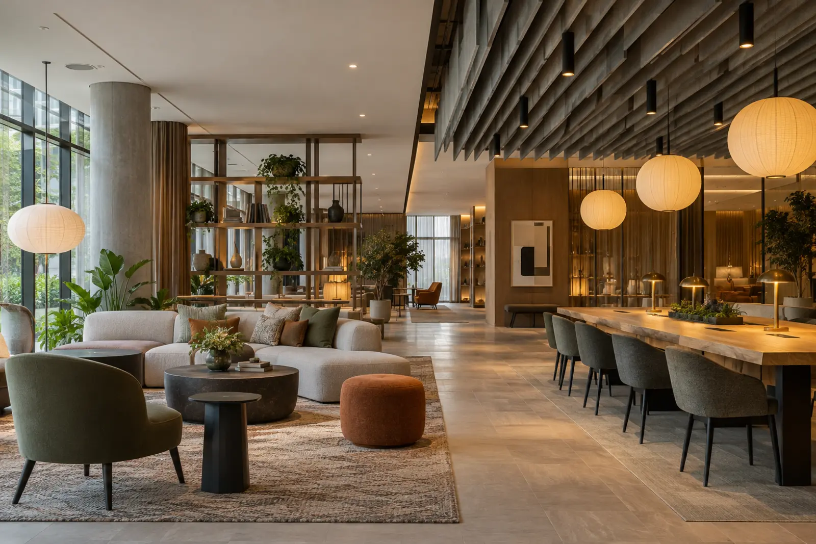 Zona de estar y mesa de trabajo separadas mediante iluminación y tratamiento acústico