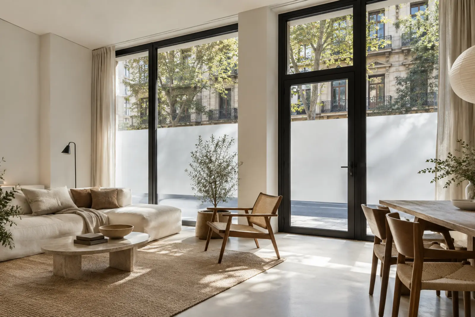 Vivienda en planta baja con grandes huecos de fachada y vidrio traslúcido para dar privacidad