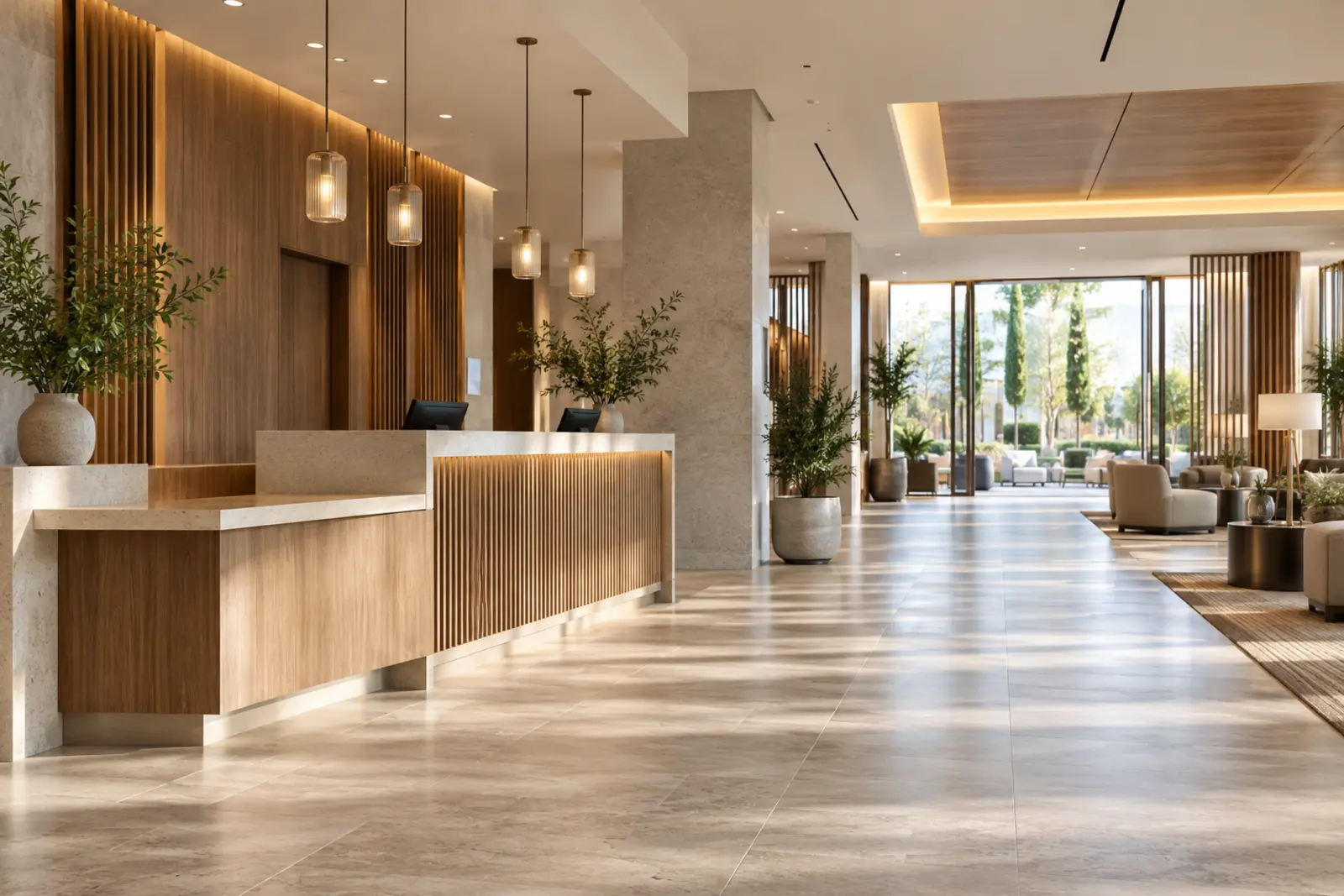 Recepción de hotel con tramo de mostrador bajo y un recorrido amplio y despejado