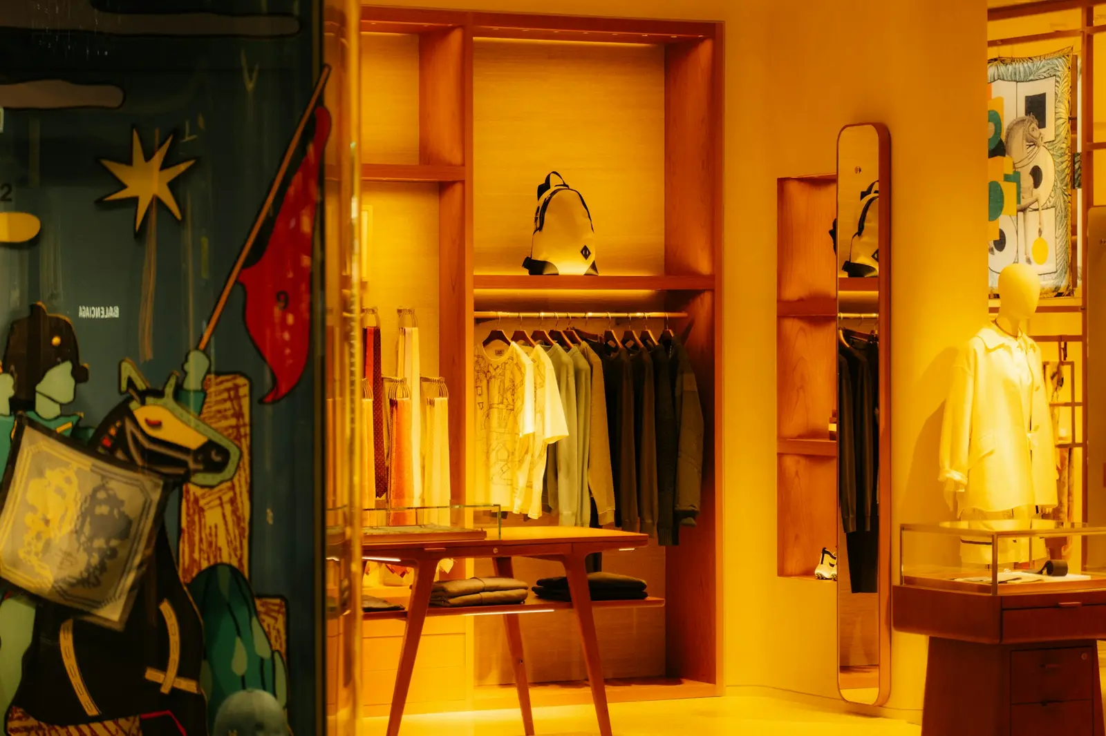 Exposición de prendas en una tienda con iluminación cálida en estantes y mobiliario de madera