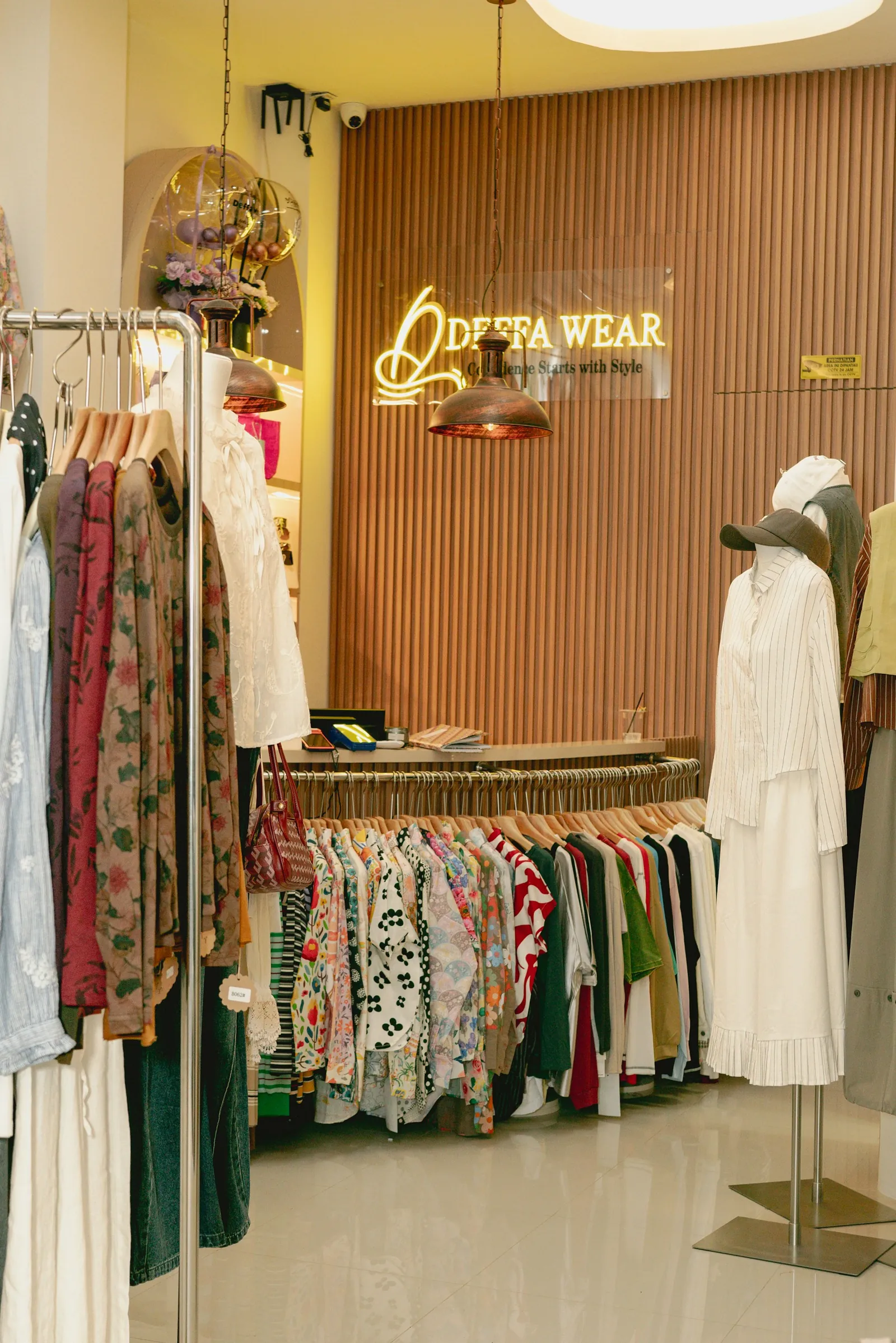 Expositores de ropa y mobiliario de una boutique con pasillos entre las prendas