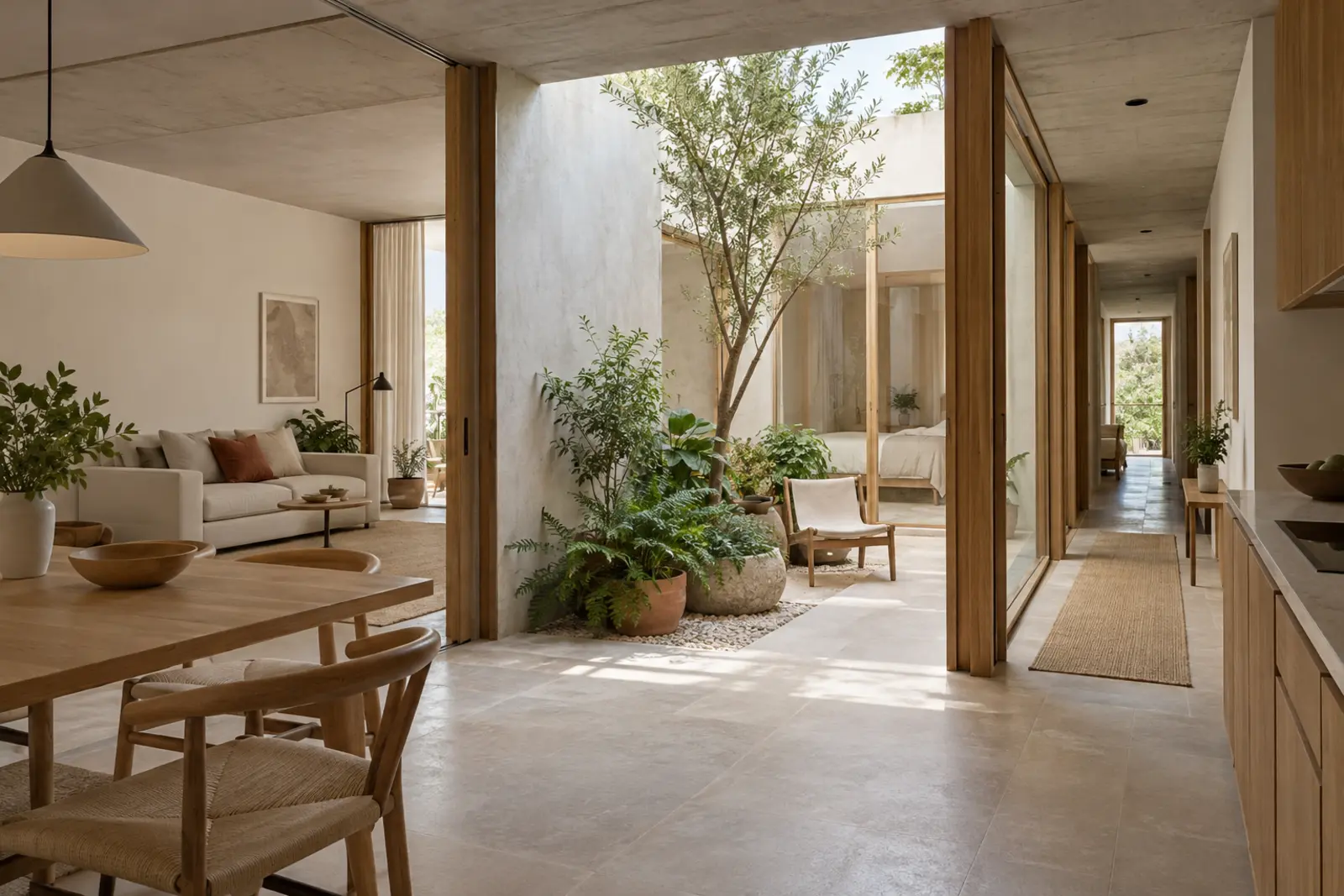Vivienda alargada organizada alrededor de un patio interior con vegetación y luz natural
