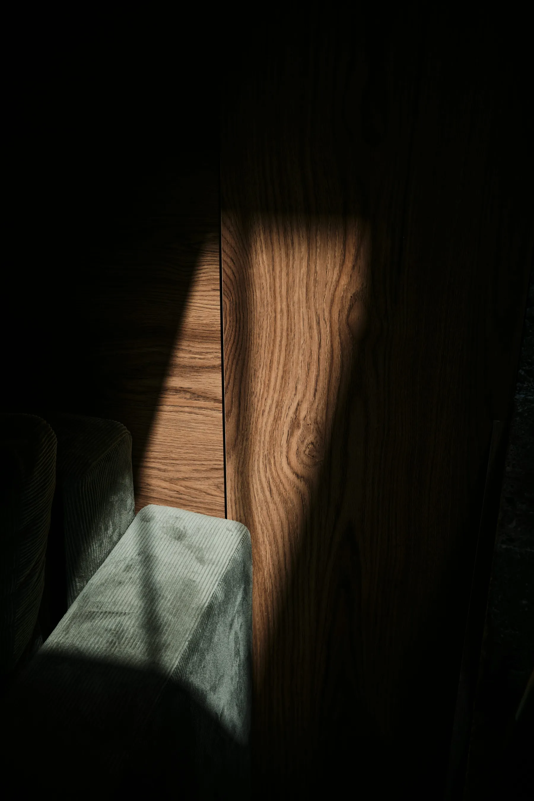 Luz natural sobre un revestimiento de madera y una tapicería verde