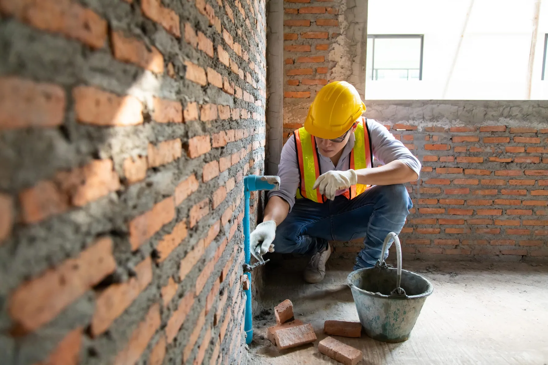 Operario con casco realizando trabajos de albañilería junto a un muro de ladrillo