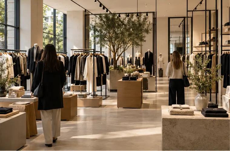 Interior de una tienda de moda contemporánea preparada para integrar información digital de producto