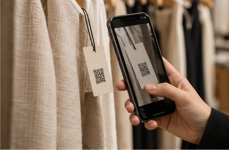 Cliente escaneando con un teléfono el código QR de la etiqueta de una prenda