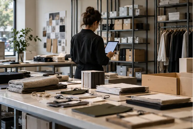 Trastienda de retail con muestras de materiales, productos etiquetados y una tableta para gestionar información