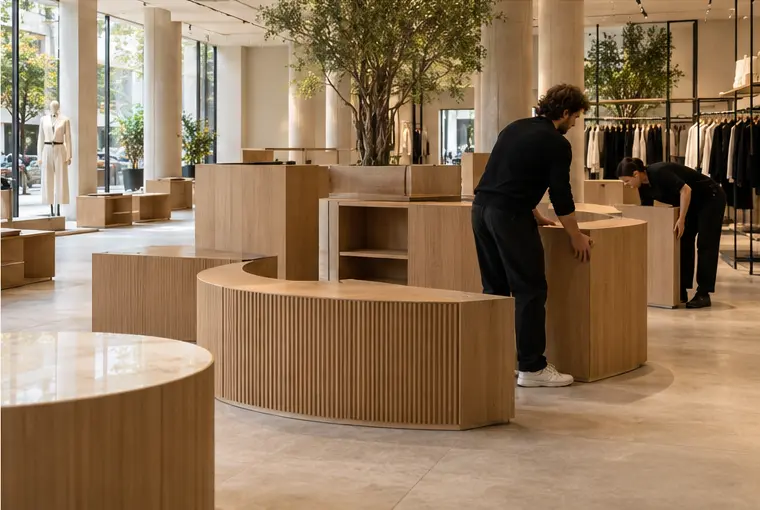 Equipo reorganizando mobiliario modular de madera en una tienda contemporánea