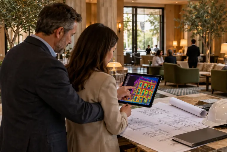 Arquitecto e ingeniera revisando termografía y planos durante una auditoría energética de hotel