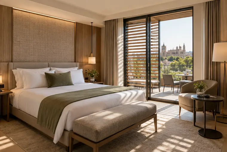 Habitación de hotel renovada con protección solar exterior, iluminación eficiente y abundante luz natural