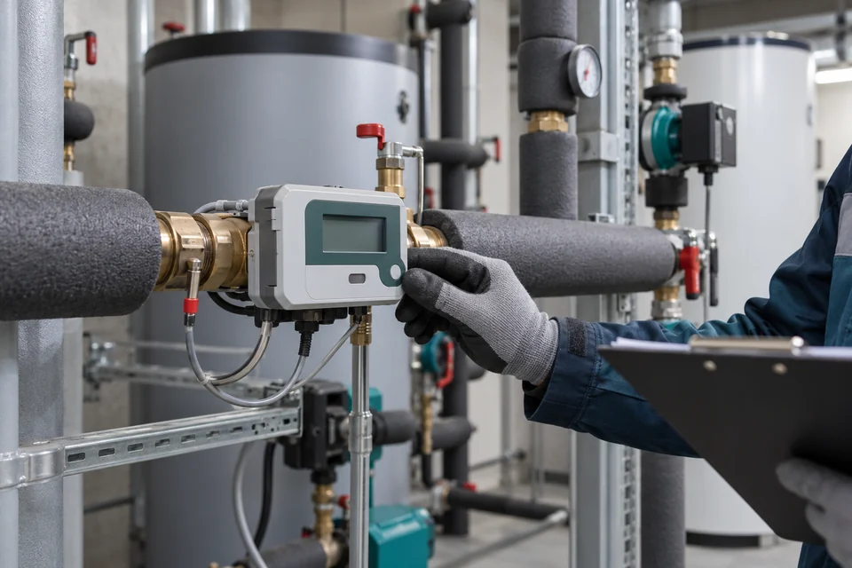 Imagen ilustrativa de una revisión de un contador de energía térmica en una instalación comunitaria.