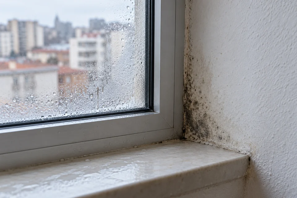 Imagen ilustrativa de condensación y manchas de humedad en el encuentro de una ventana con la pared.